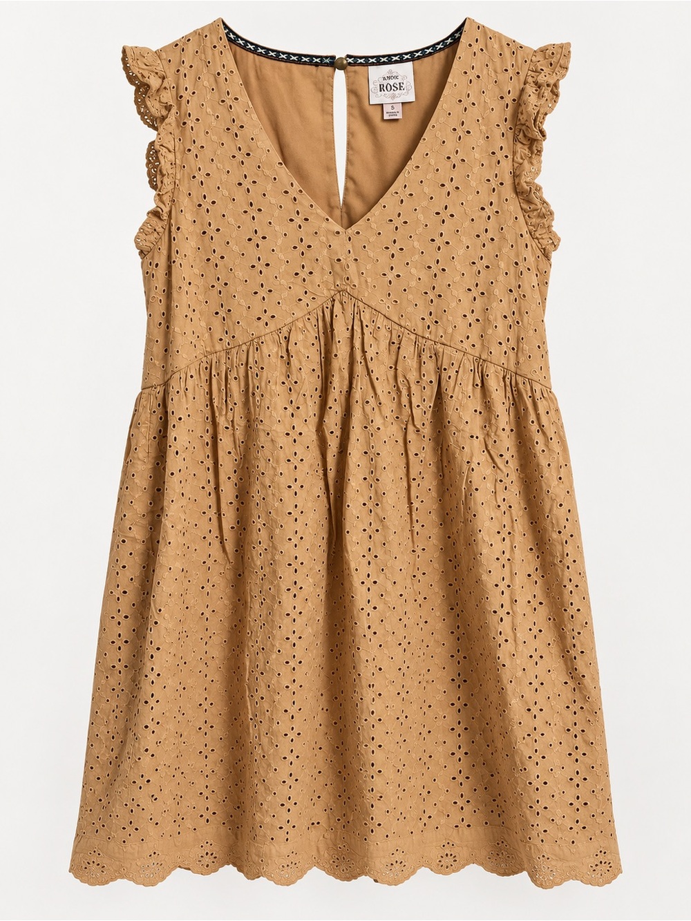 Knox Rose Women’s Small Tan Eyelet Babydoll Dress Ruffle Sleeve Boho Cottagecore